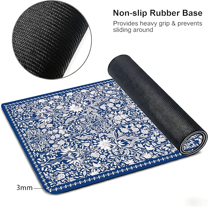 Cute Floral Aesthetic Daisy Gaming Mouse Pad, White Blue Chinoiserie Desk Mat with Anti-Slip Base & Stitched Edges, Office Supplies & Desk Decor for Women, 35.4" x 15.7" in Home Office Essentials