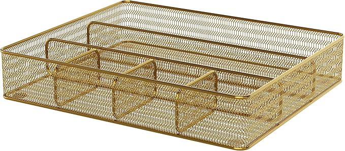 Martha Stewart Ryder Mesh Metal 6-Compartment Drawer Organizer, Gold | Steel Mesh, Gold Finish