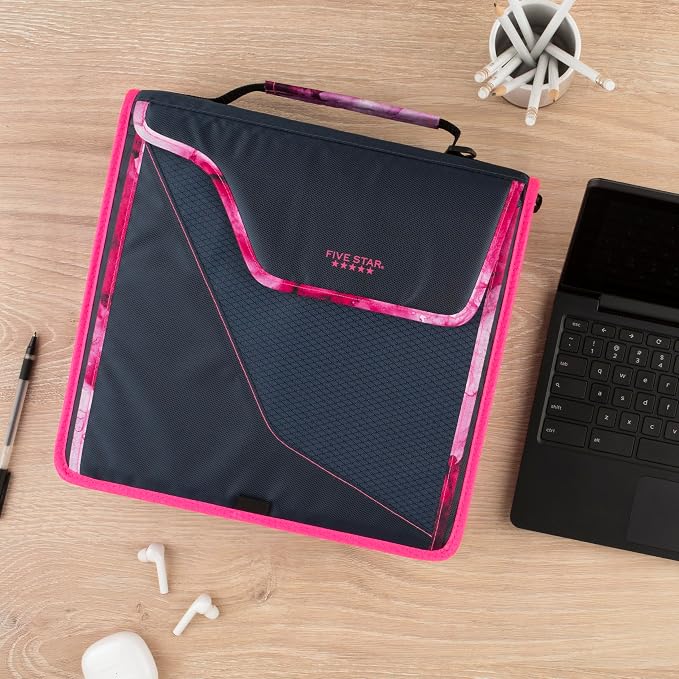 Five Star Zipper Binder, 3 Inch 3-Ring Binder with D Rings, Removable Padded Case, 5-Tab Expanding File and Multi-Use Strap, 850 Sheet Capacity, Navy/Pink (292960D)
