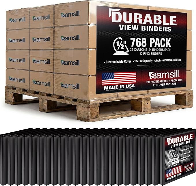 Samsill Durable 0.5 Inch Binder, Customizable Clear View Cover, Black, 24 Pack, Each Holds 125 Pages, Pallet of 768 Binders in 32 Cartons