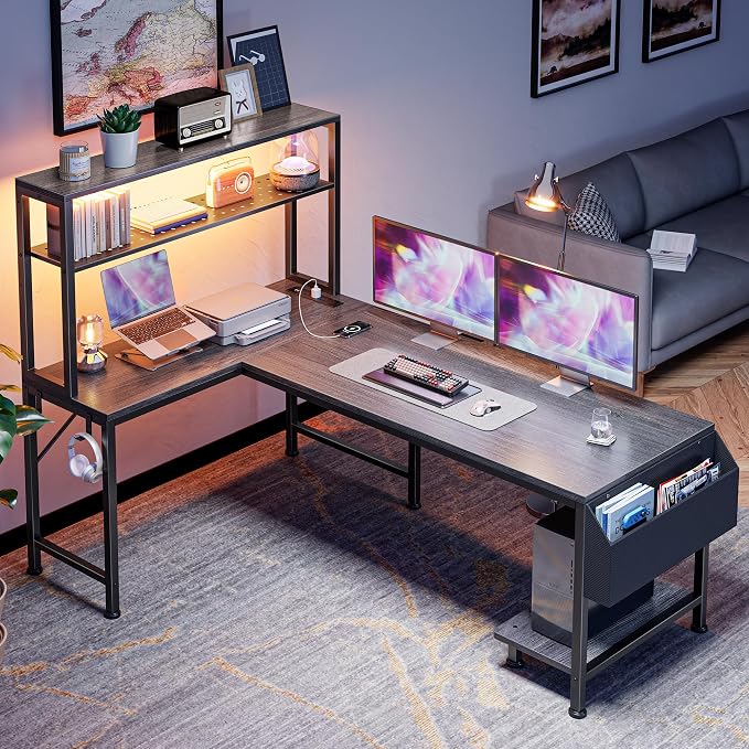 L Shaped Gaming Desk with LED Lights & Power Outlets | Reversible Computer Desk with Storage Shelves & Bag, Large Corner Home Office Desk with Pegboard for Work from Home, Grey