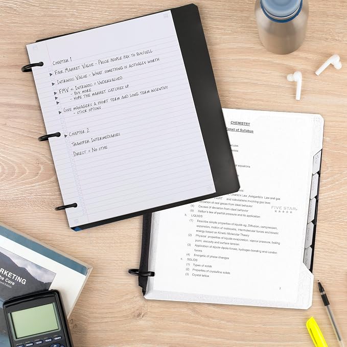 Five Star Flex Refillable Notebook + Study App, College Ruled Paper and 1 Inch TechLock Ring Binder with Customizable Cover, Pockets, Tabs and Dividers, 200 Sheet Capacity, White (29326AE2)