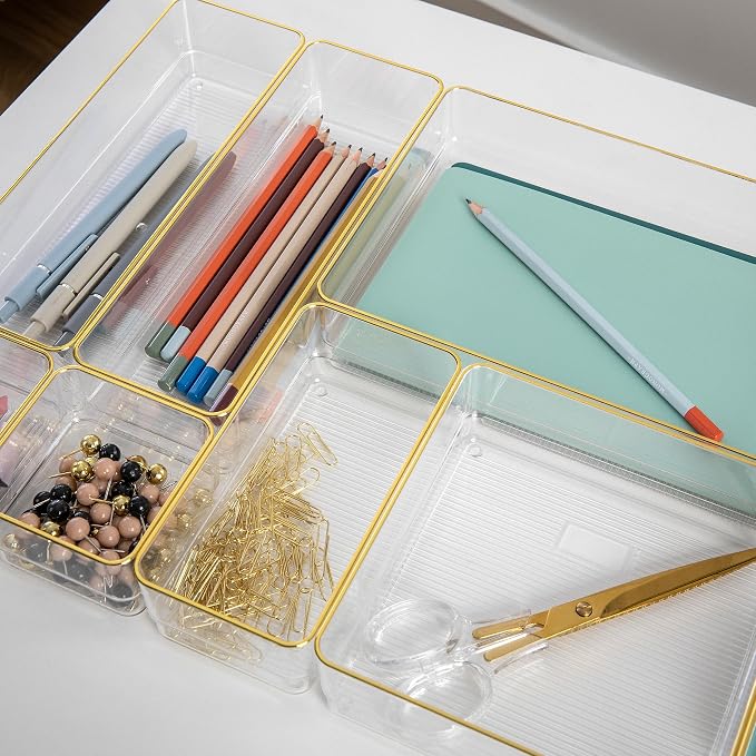 Martha Stewart Kerry Stackable Desk Drawer Organizers, Clear/Gold, 8-Pack | Various Sizes, Gold Trim, Stackable