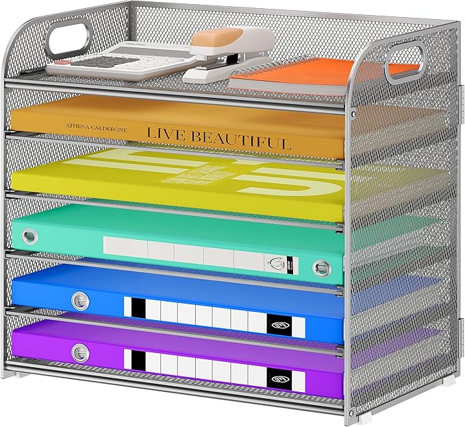 Cawukege 6 Tier Paper Organizer with Handle, Metal Desk Organizer Mesh Paper Letter Tray Desktop File Folder Document Sorter for Classroom, School, Office Accessories Storage (1, 6 Tier - Silver)