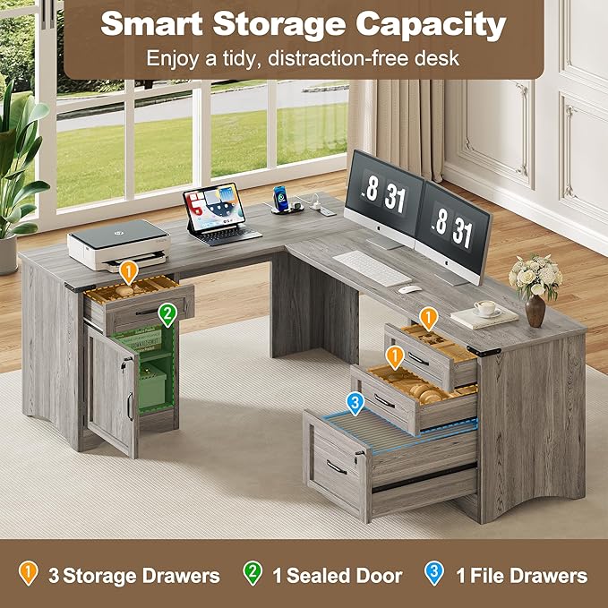 Decofy 67" L-Shaped Standing Desk, File Cabinet & Charging Station, Grey | Four Drawers, File Cabinet, Farmhouse Corner Desk, Wood Workstation, Grey Finish, For Home Office, Study and Writing
