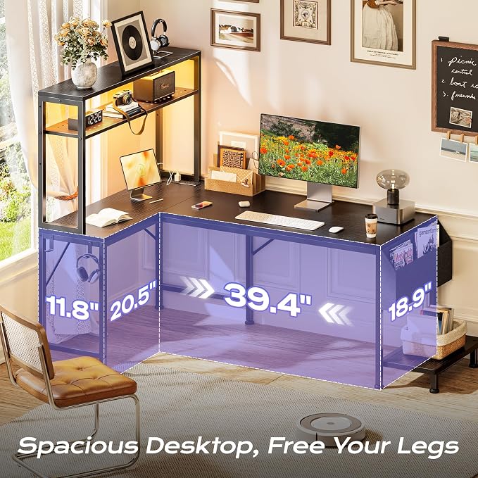 L Shaped Gaming Desk with LED Lights & Power Outlets | Reversible Computer Desk with Storage Shelves & Bag, Large Corner Home Office Desk with Pegboard for Work from Home, Black
