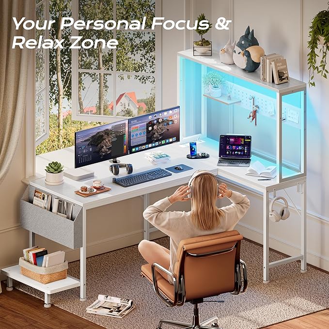 L Shaped Gaming Desk with LED Lights & Power Outlets | Reversible Computer Desk with Storage Shelves & Bag, Large Corner Home Office Desk with Pegboard for Work from Home, White