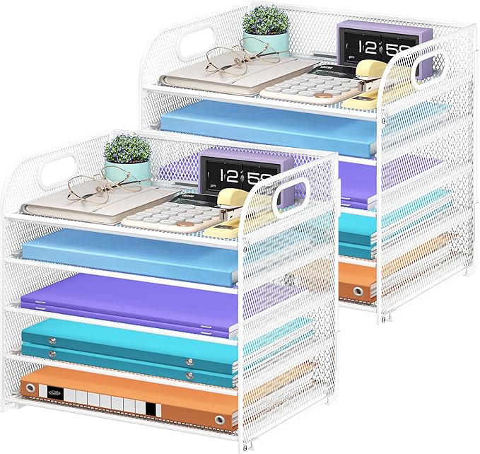 Cawukege 2 Pack 5 Tier Paper Organizer, Letter Tray with Handle, Mesh Desk Organizer, Metal File Organizer, Office Desk Accessories for Home, Office, Classroom, School (White, 2)