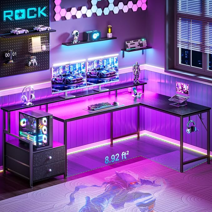 Korfile 66'' L Shaped Gaming Desk with Drawers and Storage Shelves, Reversible Corner Desk with Power Outlets and Host Stand, Large Computer Desk with Led Lights for Gaming, Work, Home Office, Black | Large Black Computer Desk with Host Stand, Reversib...