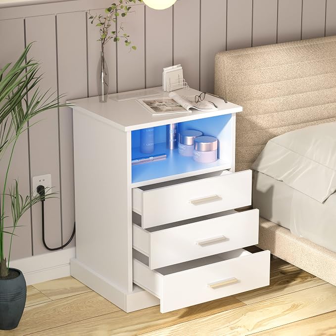 Halitaa Nightstand with Charging Station, LED Lights Side Table with 3 Drawers, End Table for Bedroom Ofiice White 2 Set