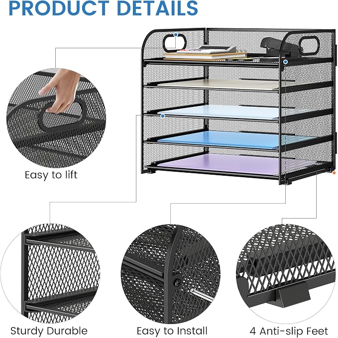 Paper Organizer Letter Tray with Handle Mesh 5 Trays-Black 2 Pack | Desk File Organizer Paper Sorter Desk Organizer for Office, Home or School