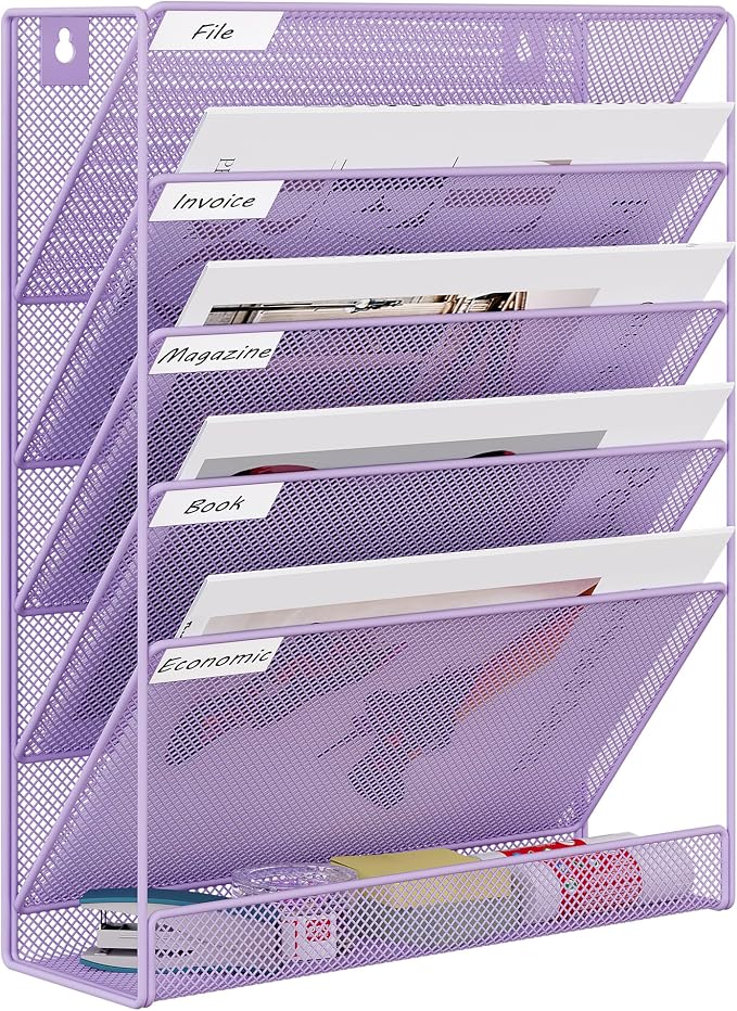 EasyPAG 5 Tier Wall File Holder, Mesh Hanging Folder Organizer with Classify Label, Versatile Desk File Holder, Vertical Wall Mounted Mail Organizer for Office Home Cubicle, Purple