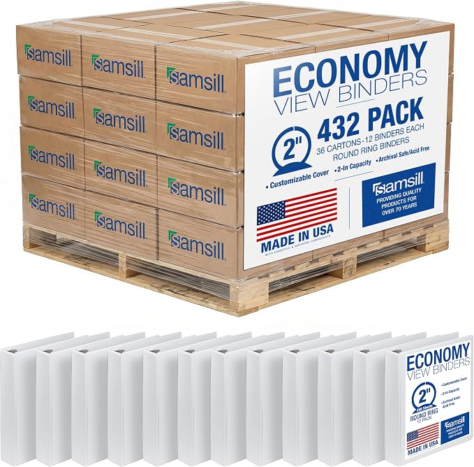 Samsill Economy 2 Inch 3 Ring Binder Bulk Pallet, Round Ring Binder, Customizable Clear View Cover, White, Pallet of 432 Binders in 36 Cartons