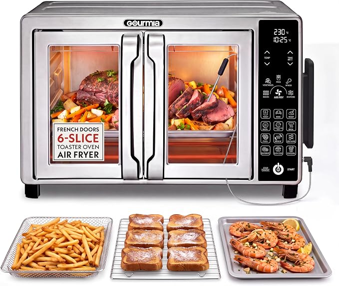 Gourmia French Door Air Fryer Toaster Oven - 6 Slice Capacity, Temperature Probe, 18 Cooking Presets, FryForce, Digital Display, 3 Rack Positions, Dishwasher-Safe Accessories, Stainless Steel