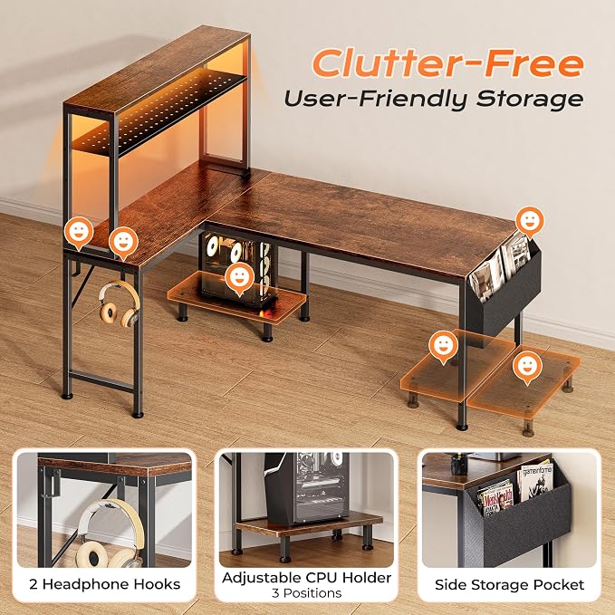 L Shaped Gaming Desk with LED Lights & Power Outlets | Reversible Computer Desk with Storage Shelves & Bag, Large Corner Home Office Desk for Work from Home, Rustic Brown