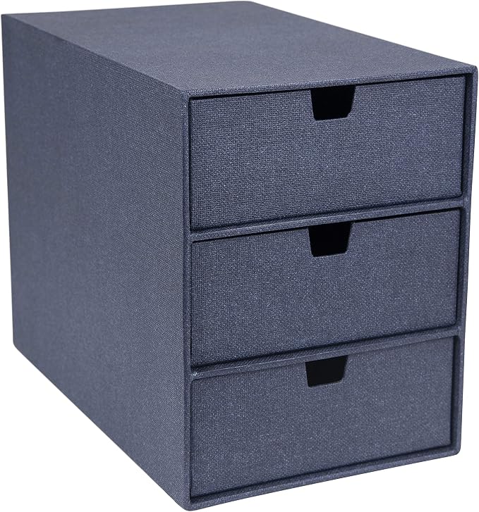 Bigso Box of Sweden Ingrid 3-Drawer Fiberboard Desk Organizer for Office Supplies and Accessories - Stackable Makeup Drawer Organizer - 6.3in x 9.9in x 8.1in - Blue