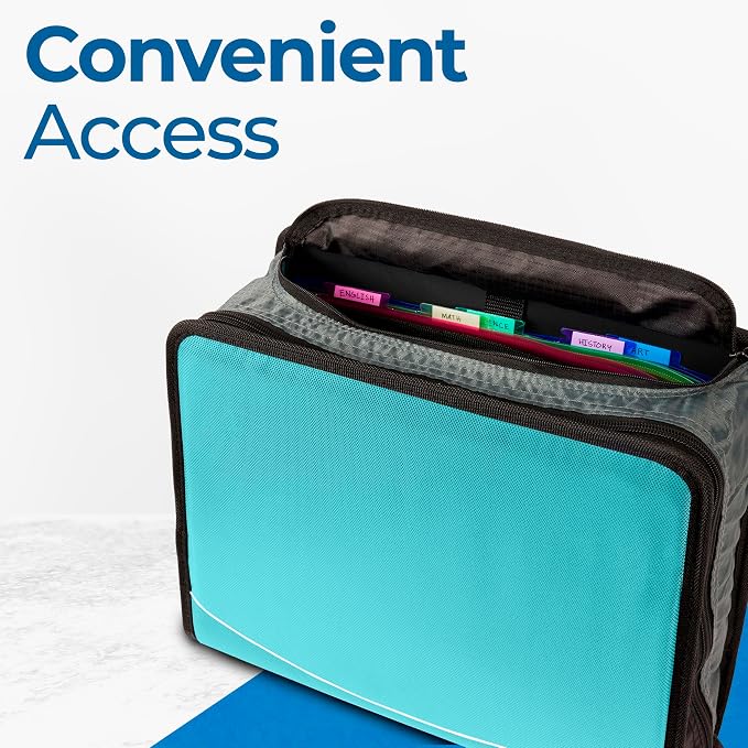 Case-it Zipper Binder | 3-Inch O-Rings | 600-Sheet | D-146 Spearmint Blue | Mighty Zip Tab, 5-Color Tab Expanding File Folder, Multiple Pockets, Shoulder Strap, School & Office
