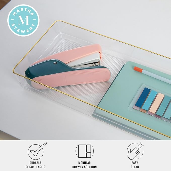 Martha Stewart Kerry Stackable Desk Drawer Organizers, Clear/Gold, 2-Pack | 15x6 in Organizers, Gold Trim, Stackable