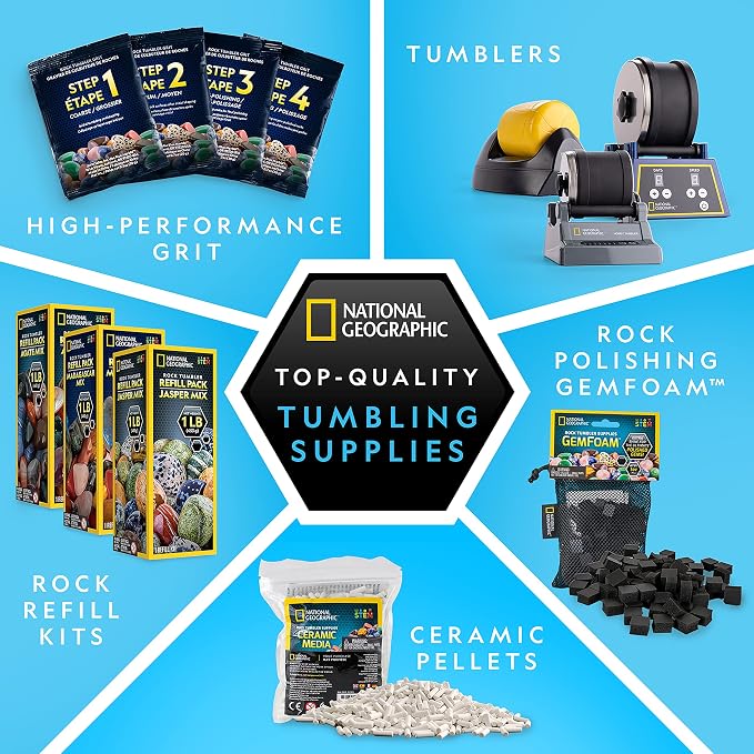 National Geographic Rock Tumbler Refill Kit with 3 Lbs. Madagascar Rocks | 3 Lbs. Rough Madagascar Rocks, Jasper and Quartz, Rock Tumbler Grit, Jewelry Accessories, Rock Polishing Supplies