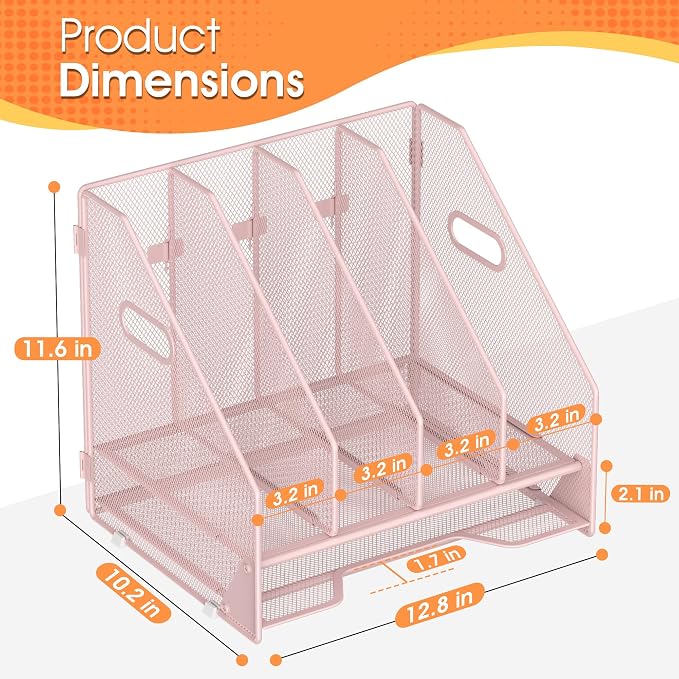 4 Vertical Mesh Desk Organizer with Paper Letter Tray, Pink | Sorting racks with lower letter tray section. Multipurpose mesh desktop space saver for home office and school