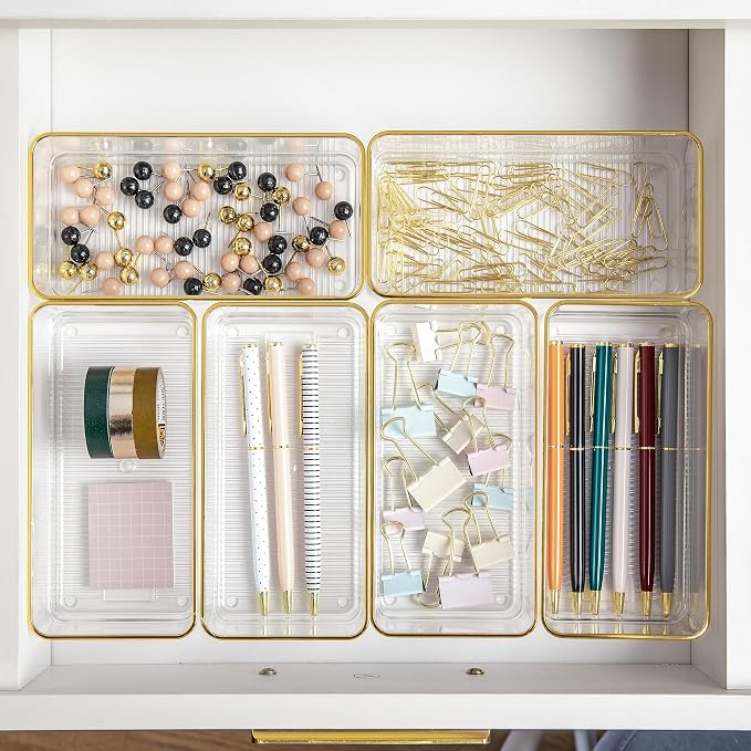 Martha Stewart Kerry Plastic Stackable Office Desk Drawer Organizers, 6" x 3", 6 Pack, with Gold Trim