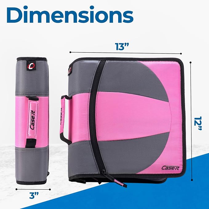 Case-it Dual Binder | Two 1.5" D-Rings | 600-Sheet | Dual-101 Light Pink | Dual 2-in-1, Pencil Pouch, Multiple Pockets, School & Office Organizer, Shoulder Strap