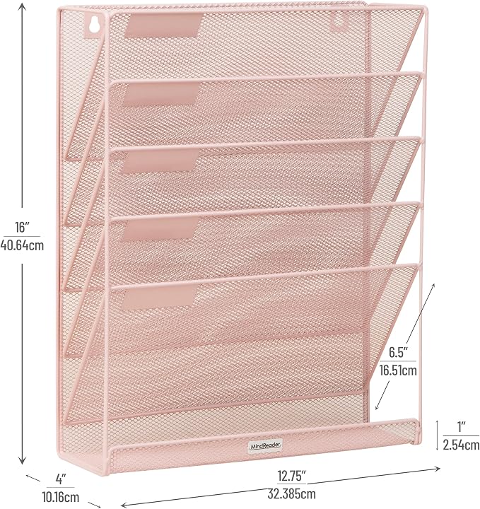 Mind Reader 5-Pocket Vertical File Storage, Desktop Organizer, Wall Mount, Office, Metal Mesh, Pink