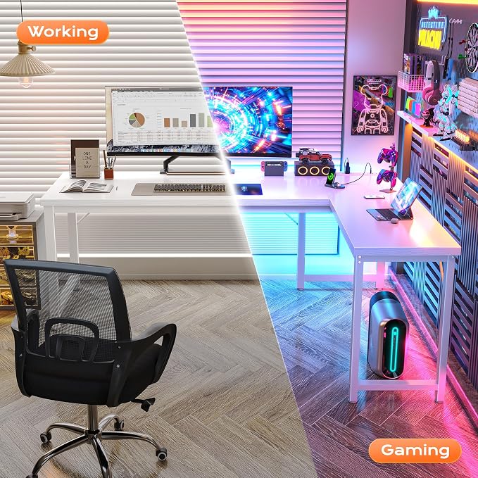 Huuger 63 Inch L Shaped Desk with Power Outlets & 0.95 Inch Thicker Desktop | Reversible Computer Desk, Larger Office Corner Gaming Desk, Metal Frame, for Home Office, Study, White