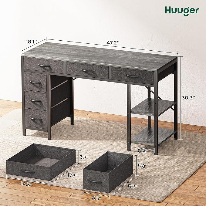 Huuger Computer Desk with 6 Drawers, Office Desk with Shelves, Reversible Gaming Desk, Corner Desk with Storage, Work for Home Office, Study, Living Room, 47inch, Grey