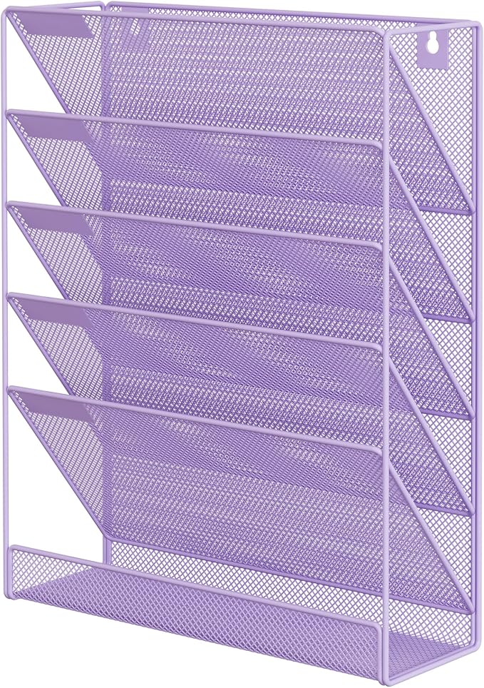 EasyPAG 5 Tier Wall File Holder, Mesh Hanging Folder Organizer with Classify Label, Versatile Desk File Holder, Vertical Wall Mounted Mail Organizer for Office Home Cubicle, Purple