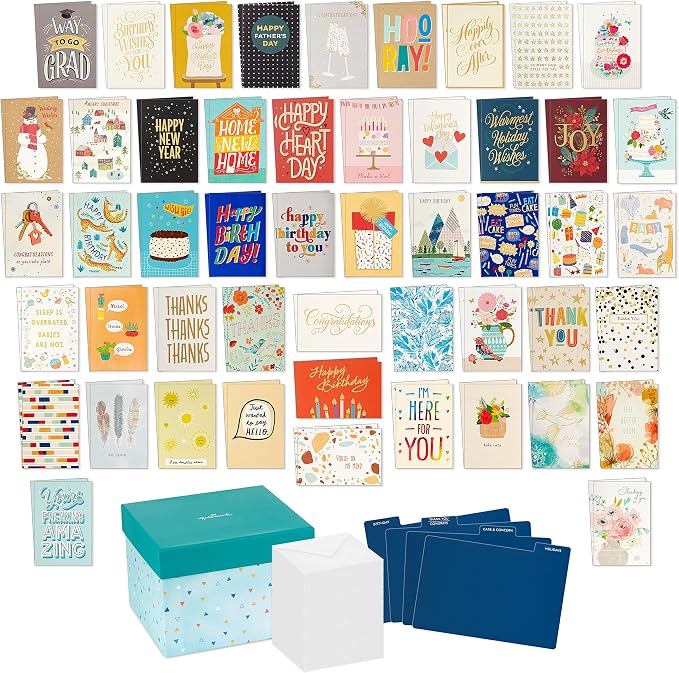 Hallmark All Occasion Boxed Set of Assorted Blank Greeting Cards (100 cards) with Card Organizer Birthday Cards Assortment (20 cards)