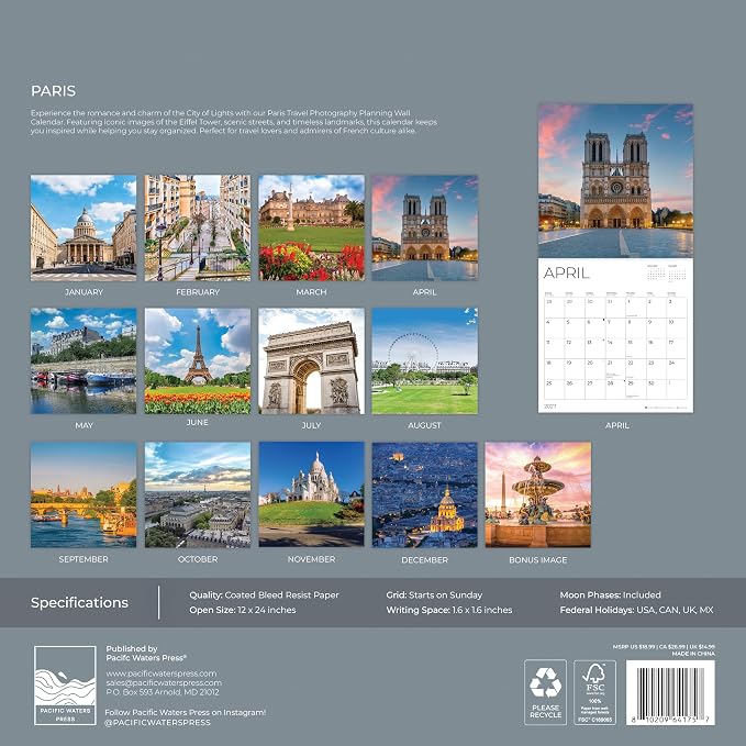 Paris 2027 Wall Calendar, 12 x 24 Hanging Pacific Waters Press