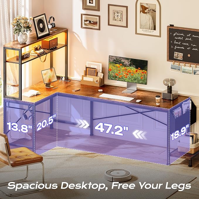 L Shaped Gaming Desk with LED Lights & Power Outlets | Reversible Computer Desk with Storage Shelves & Bag, Large Corner Home Office Desk for Work from Home, Rustic Brown