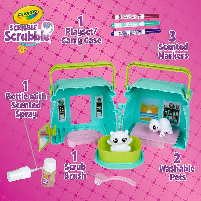Crayola Scribble Scrubbie Pets Scented Spa, Animal Toy Playset, Includes Washable & Scented Markers, Gifts for Girls & Boys, Ages 3+ | Includes Washable & Scented Markers, Gifts for Girls & Boys, Ages 3+