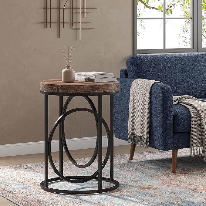 LITTLE TREE 20” Round End Table with Thick Wood Top，Modern Sofa Side Table with Gold O-Shaped Base, Midcentury Accent Table Cocktail Table Nightstand for Living Room Bedroom