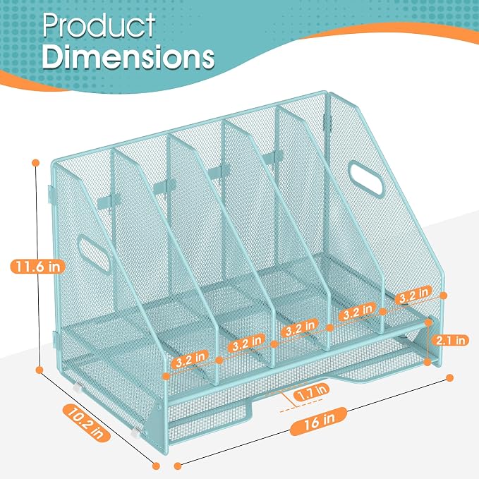 5 Vertical Mesh Desk Organizer with Paper Letter Tray, Blue | Sorting racks with lower letter tray section. Multipurpose mesh desktop space saver for home office and school