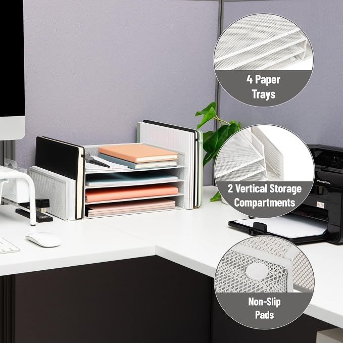 Mind Reader Desktop Organizer, File Storage, Paper Tray, Workspace, Office, Metal Mesh, 16.75"L x 9.15"W x 6"H, White