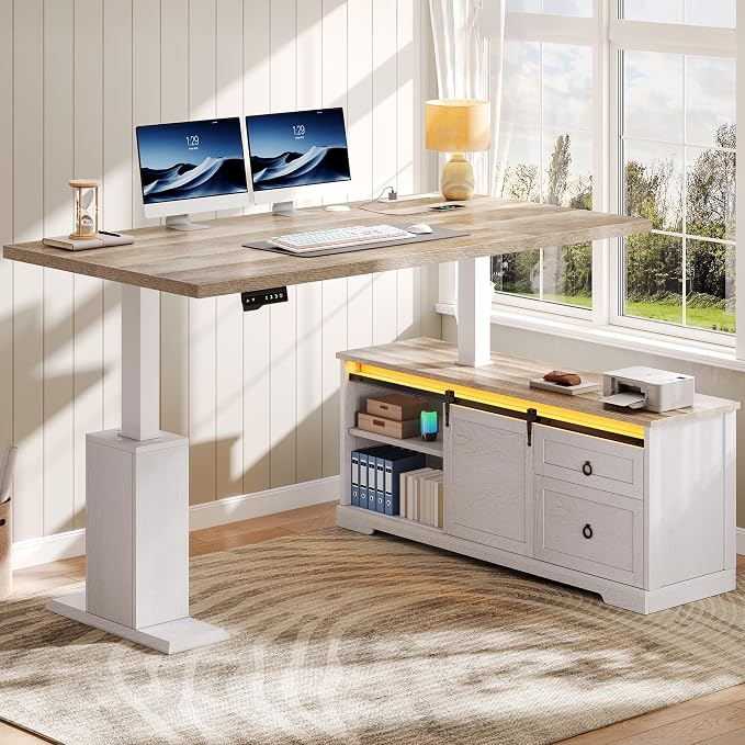 YITAHOME L Shaped Standing Desk with Power Outlets & LED Lights | 63" Farmhouse Electric Standing Desk Adjustable Height Sit Stand Corner Stand Desks with Drawers & Sliding Door, Grey Wash