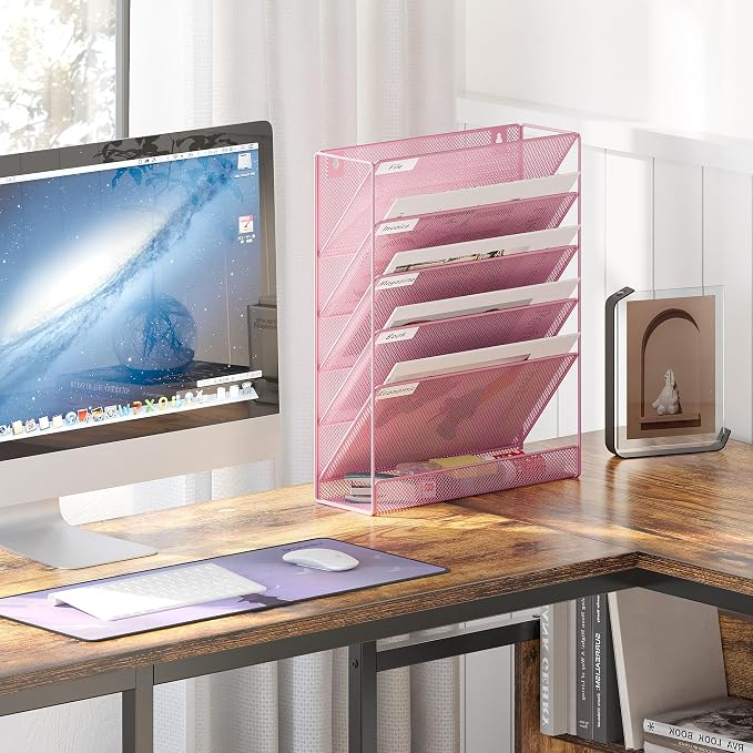 EasyPAG 5 Tier Wall File Holder, Mesh Hanging Folder Organizer with Classify Label, Versatile Desk File Holder, Vertical Wall Mounted Mail Organizer for Office Home Cubicle, Pink