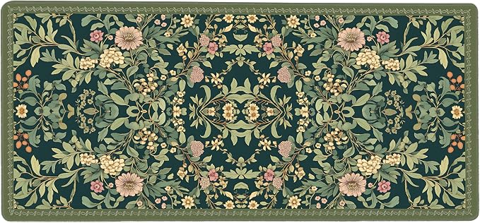 Cute Floral Aesthetic Dahlia Gaming Mouse Pad, Dark Green Rug Desk Mat with Anti-Slip Base & Stitched Edges, Office & Home Desk Decor for Women, 35.4" x 15.7" in Computer Desktop Mat