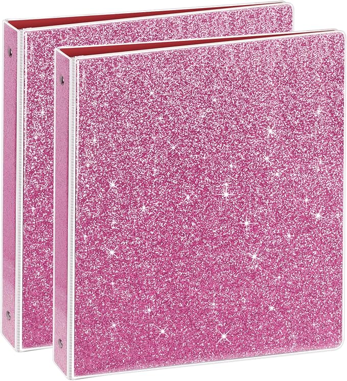 NatureTouch 3 Ring Binder, Glitter 1 Inch Organizer (10.5'' x 11.5'') Holds 8.5’’ x 11’’ Letter Size 300 Pages, Waterproof Durable View Binder, 2 Pack, Pink