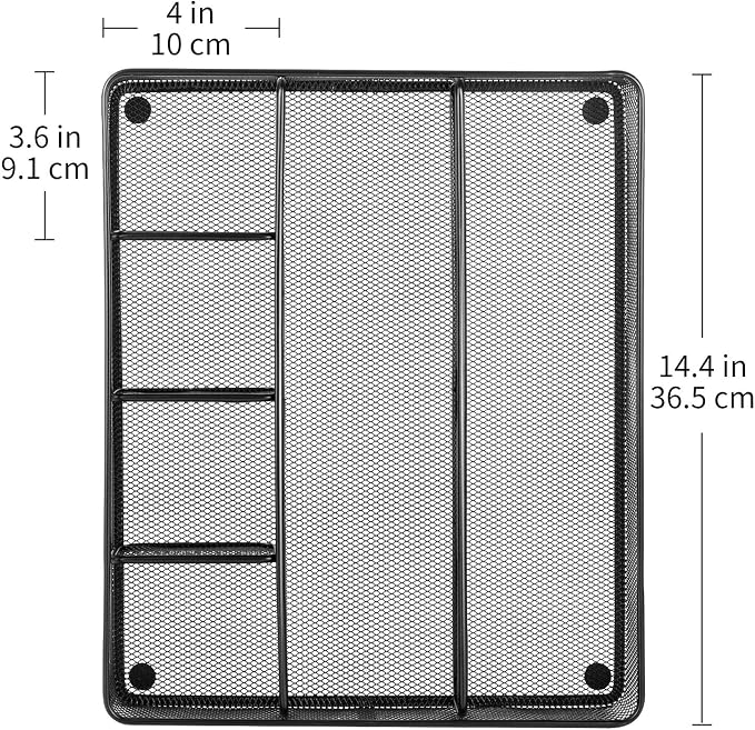 Amazon Basics Mesh Desk Drawer Organizer with 6 Compartments, Non-Slip Office Supplies Storage for Pens and Accessories, Black | Pack of 4