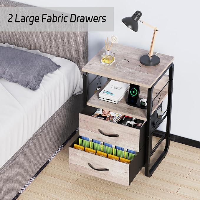 runjuly Small End Table with Charging Station and Hooks, Greige | 2 Fabric Drawers Storage, Type C & USB Ports & Power Outlets, Farmhouse Style, Metal Nightstand for Living Room / Bedroom