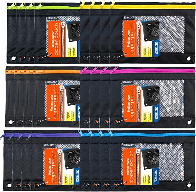 BAZIC Products Noir Neon 3-Ring Pencil Pouch with Mesh Window, 24-Box | clear mesh window and a zipper closure for pens, pencils, supplies