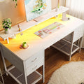 Huuger 55 inch Computer Desk with Power Outlets & 4 Drawers | Gaming Desk with LED Lights, Home Office Desk with Large Storage Space for Bedroom, Work from Home, White