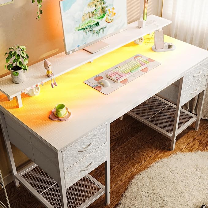 Huuger 55 inch Computer Desk with Power Outlets & 4 Drawers | Gaming Desk with LED Lights, Home Office Desk with Large Storage Space for Bedroom, Work from Home, White