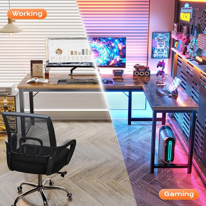 Huuger 63 Inch L Shaped Desk with 0.95 Inch Thicker Desktop | Reversible Computer Desk, Larger Corner Office Gaming Desk, Robust Metal Frame, for Home Office, Study, Rustic Brown