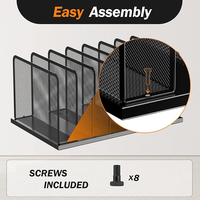 Kuntine.B 7-Section Upright Desk File Organizer Black 2 Pack | Vertical, Mesh, Metal, Assembly, Stability, Sturdiness, Organization, Standing