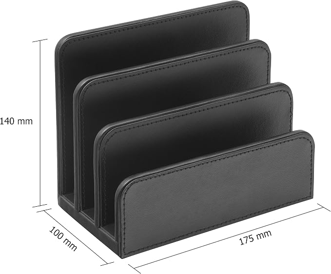OSCO Black Faux Leather Letter Holder | Mail Sorter | Post Rack | Envelope Organiser | Document Stand | Desk File Storage | Display Slots | H14 x W17.5 D10 cm |