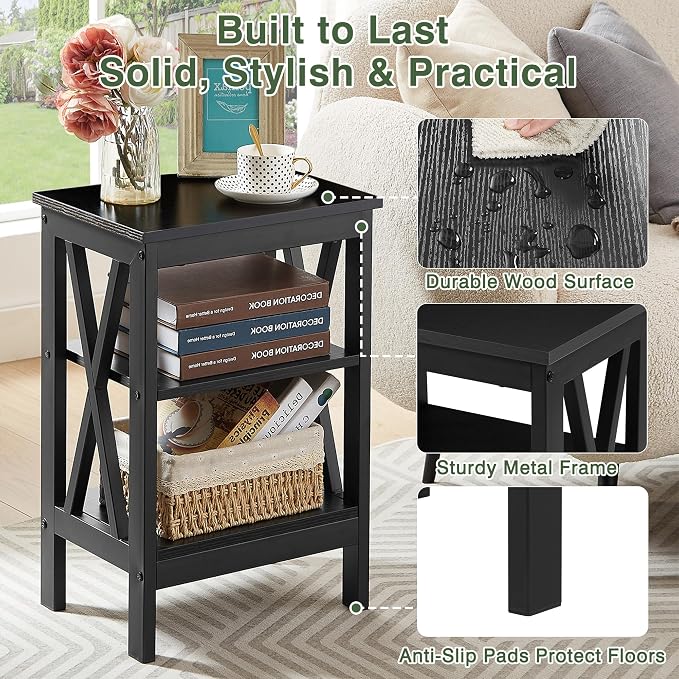 VECELO End Table Set of 2, Bedside Table, 24" Tall Living Room End Tables, X-Design Reinforced Nightstands, Side Table with 3-Tier Storage Shelves for Small Spaces, Office, Bathroom, Bedroom, Black